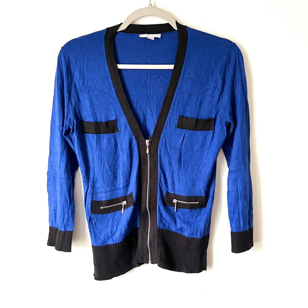 Blue and black zip front cardigan by NY&Co
